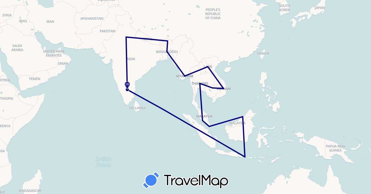 TravelMap itinerary: driving in Bangladesh, Brunei, Bhutan, Indonesia, India, Cambodia, Laos, Myanmar (Burma), Malaysia, Nepal, Singapore, Thailand, Vietnam (Asia)
